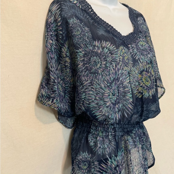H-182 ANA A New Approach Blue & Green Sheer Short Sleeve Peplum Blouse Size MP - Picture 4 of 15